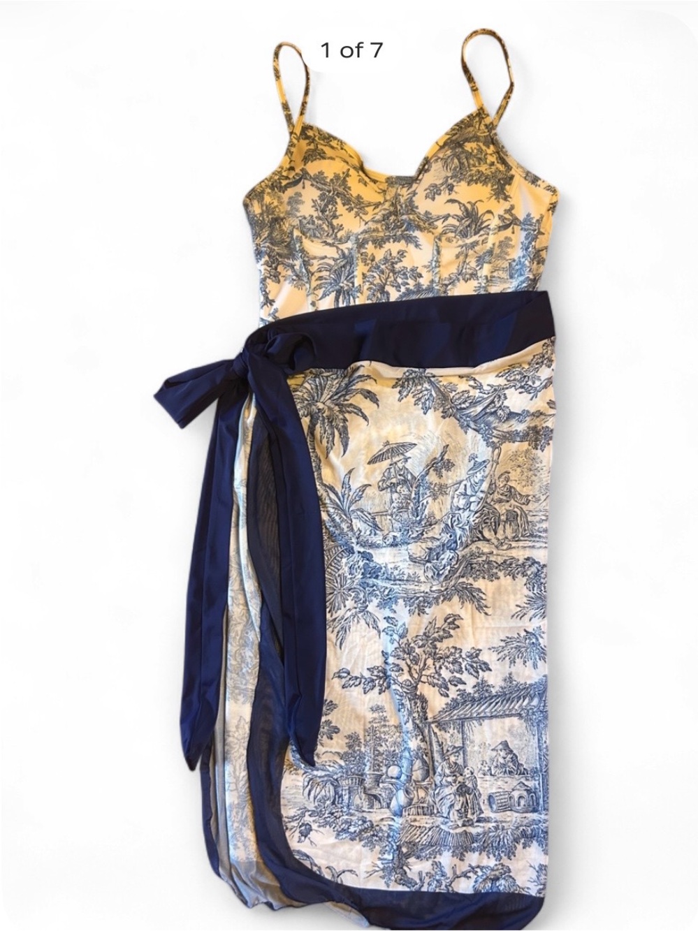 Toile Print One-Piece Swimsuit with Navy Sash
